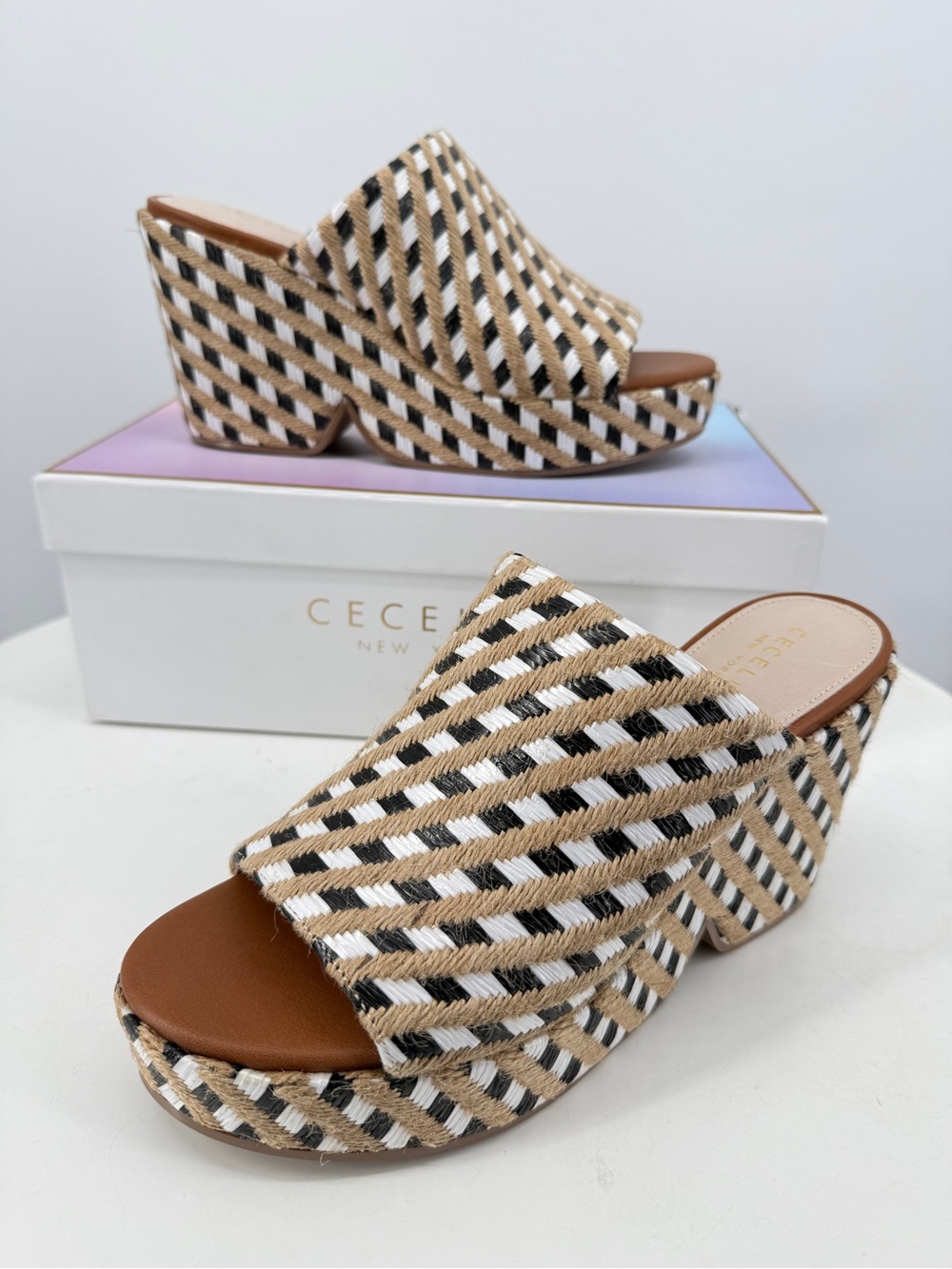 Cecelia New York Platform Sandals - Frost Black White Raffia Chunky Wedge NIB